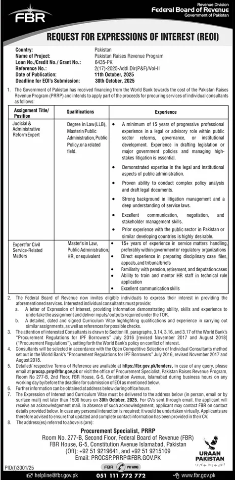 Federal Board of Revenue Islamabad Tender Notice